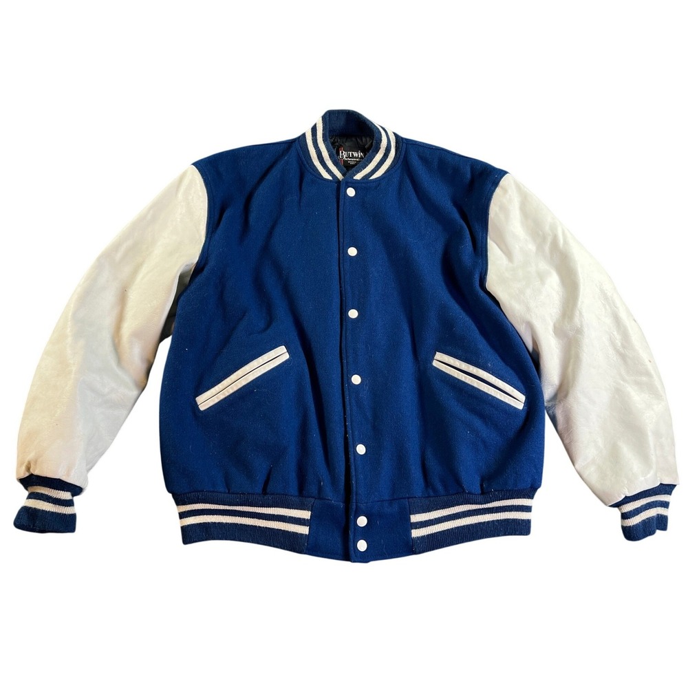Vintage Butwin Varsity Jacket Mens XL Blue White Wool Leather Letterman Buckeye